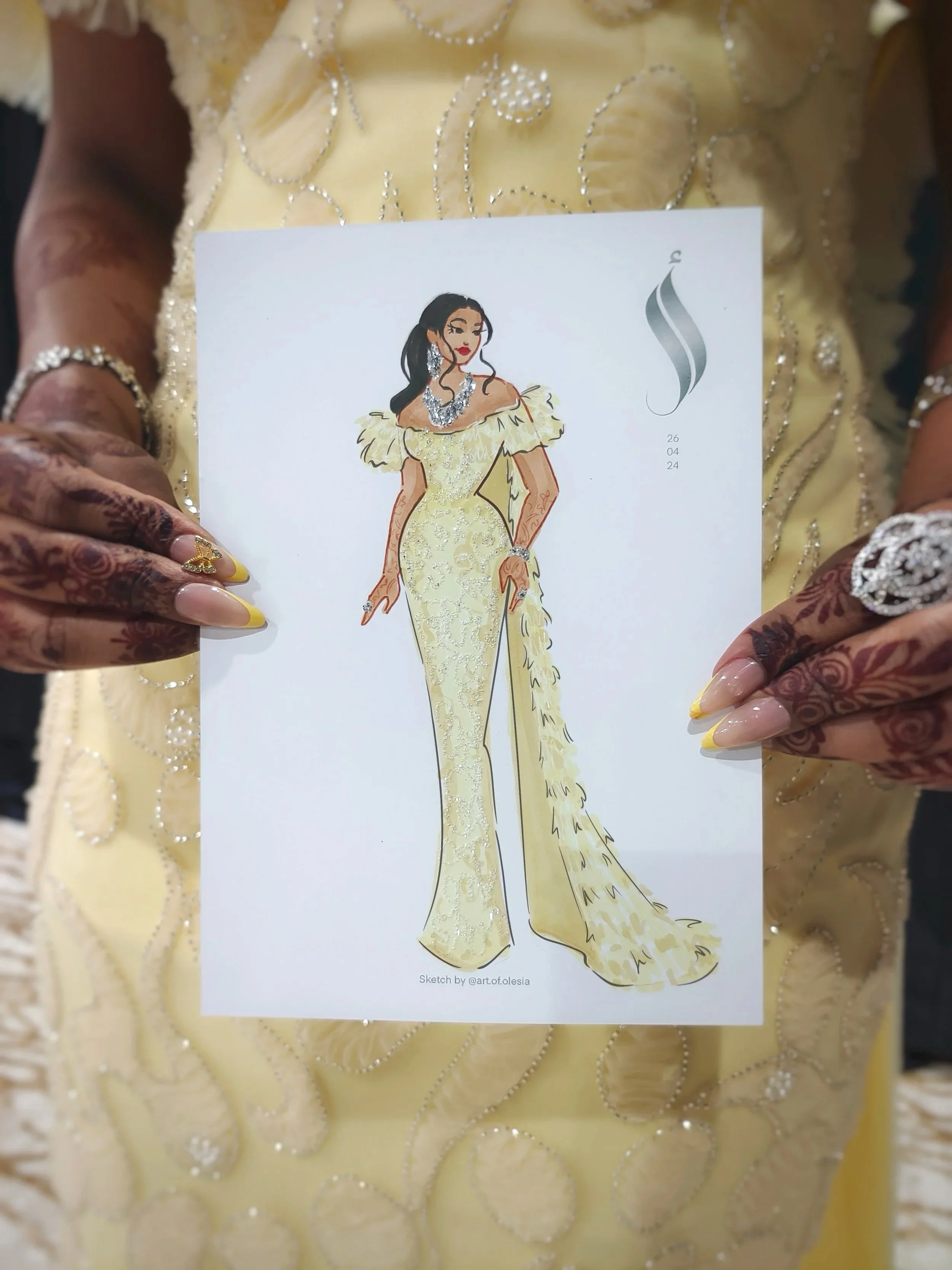 Fashion portrait sketch created during wedding or event