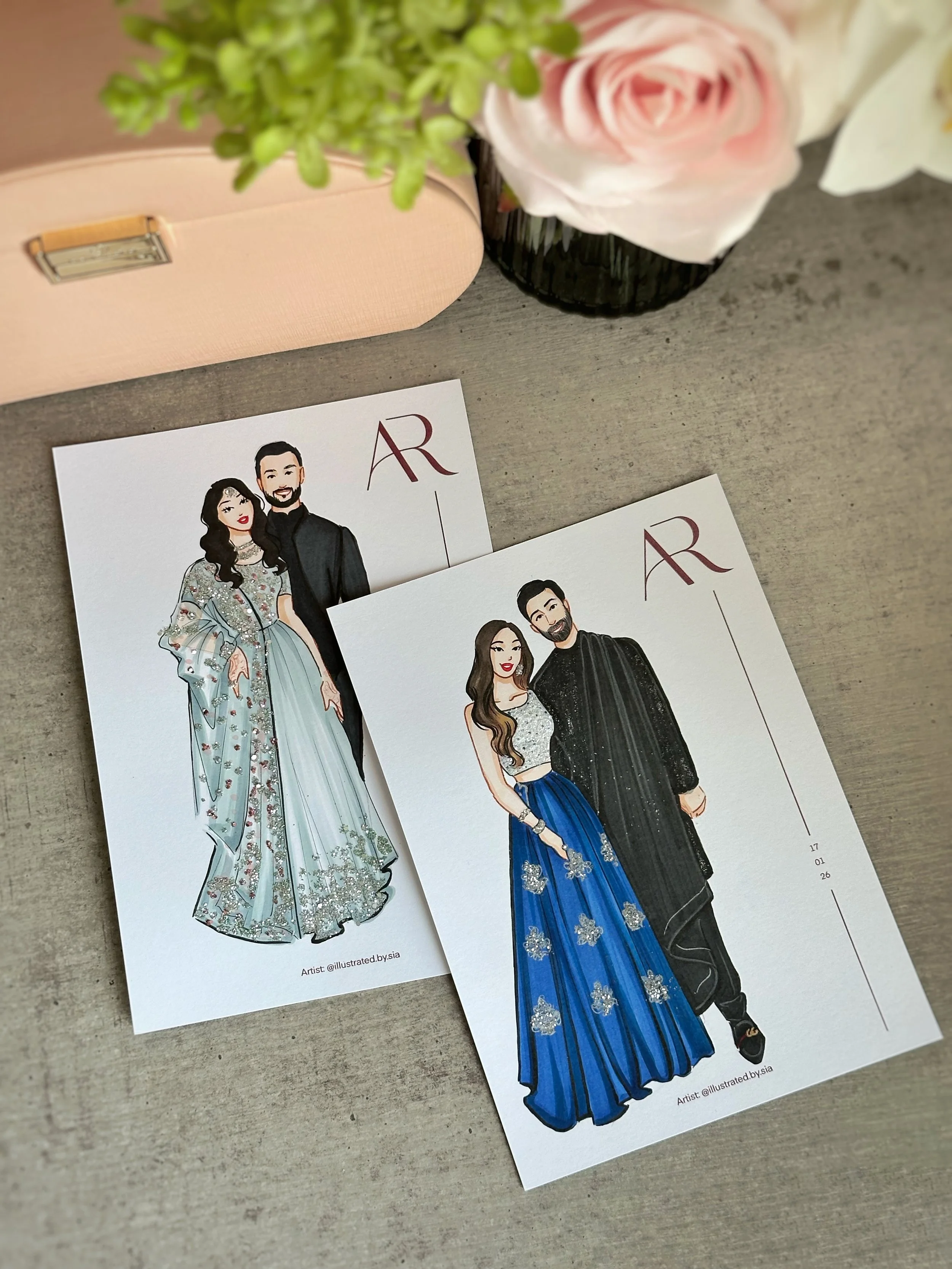 Two illustrated wedding invitation cards featuring a couple in formal attire