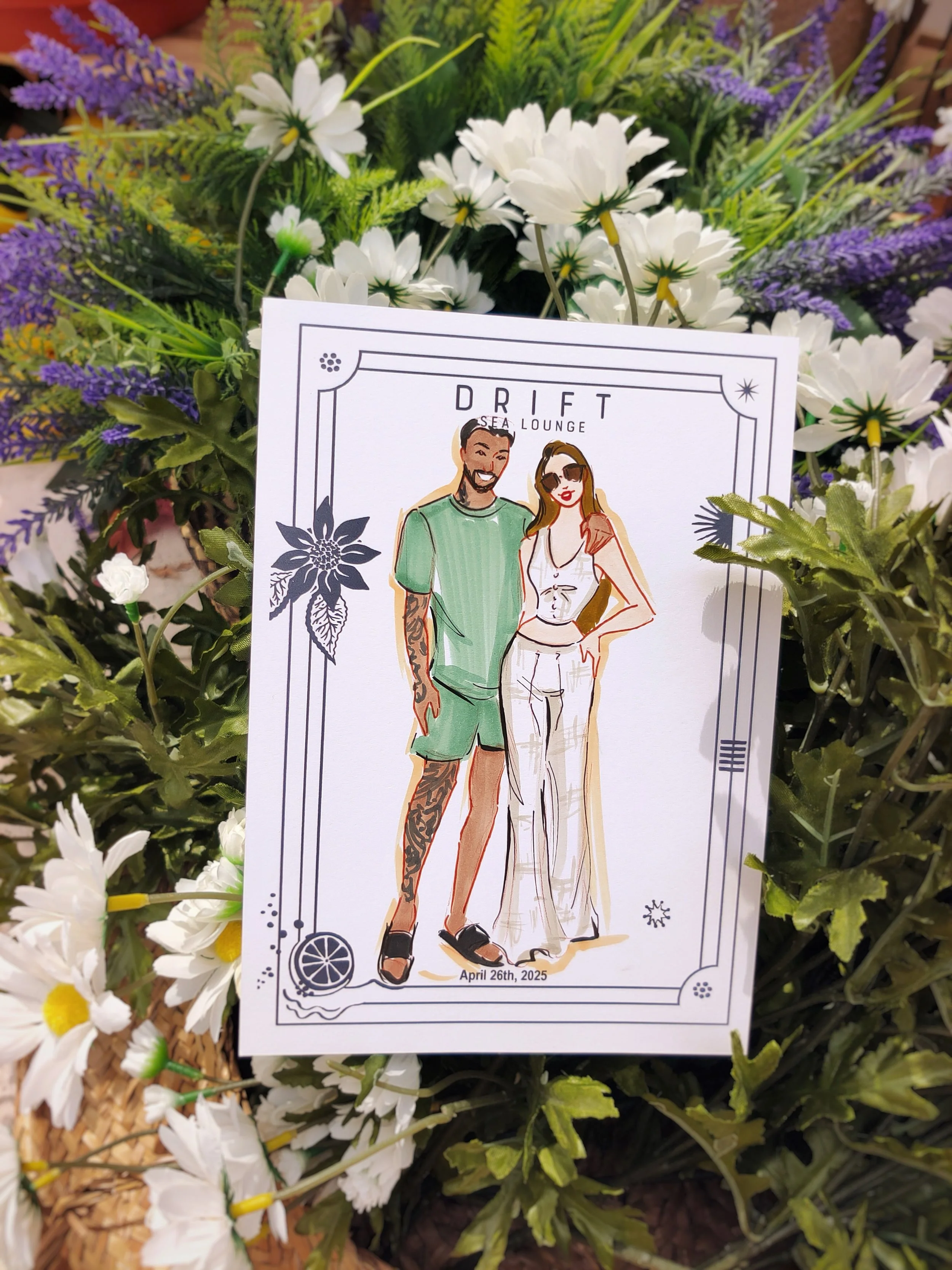Colorful live illustration of a man with tattoos and a woman with sunglasses, standing together, 
