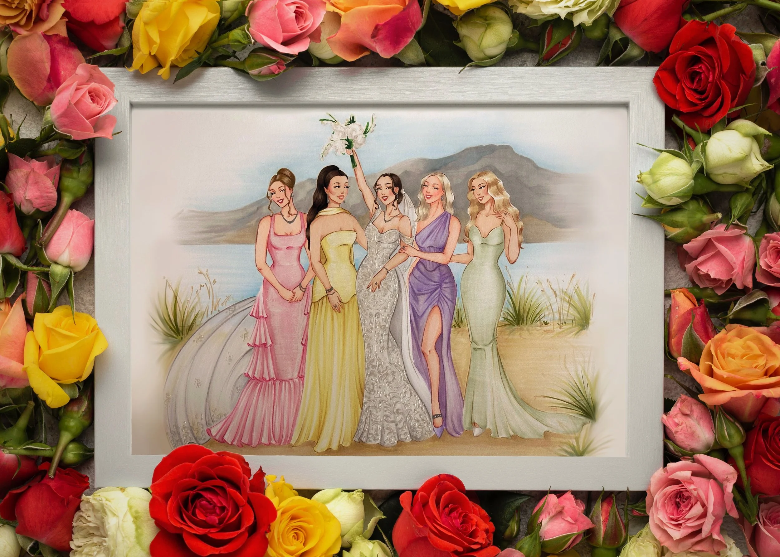 A framed bridal illustration of five women in elegant dresses standing outdoors with mountains in the background, surrounded by flowers.