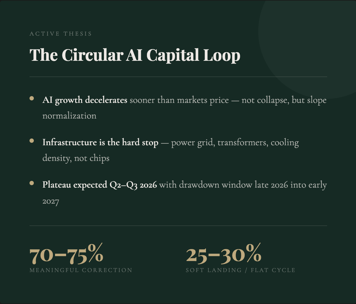Slide presenting key points about the AI capital market cycle, including decelerating growth, infrastructure as the hard stop, and a forecasted plateau for Q2-Q3 2026, with expected correction and soft landing percentages.