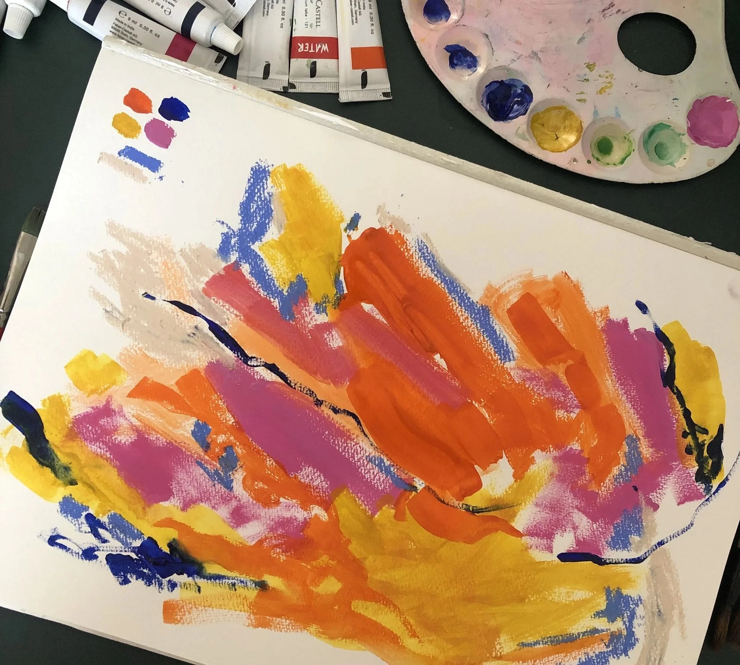 Abstract painting with vibrant colors including green, blue, yellow, red, orange, and purple, featuring broad brushstrokes and textured patterns.