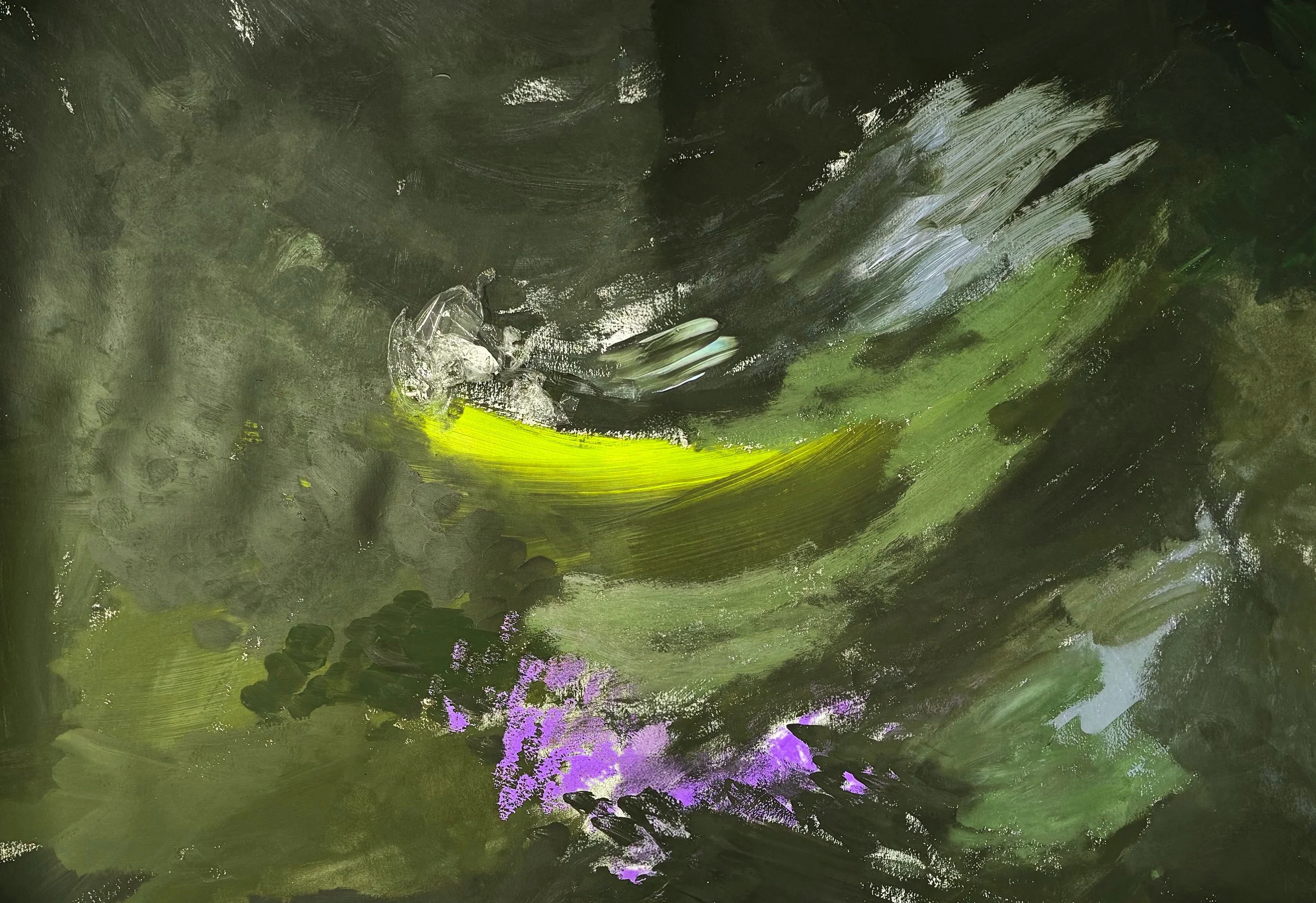 Abstract painting with green, purple, black, white, and yellow brushstrokes and textures.