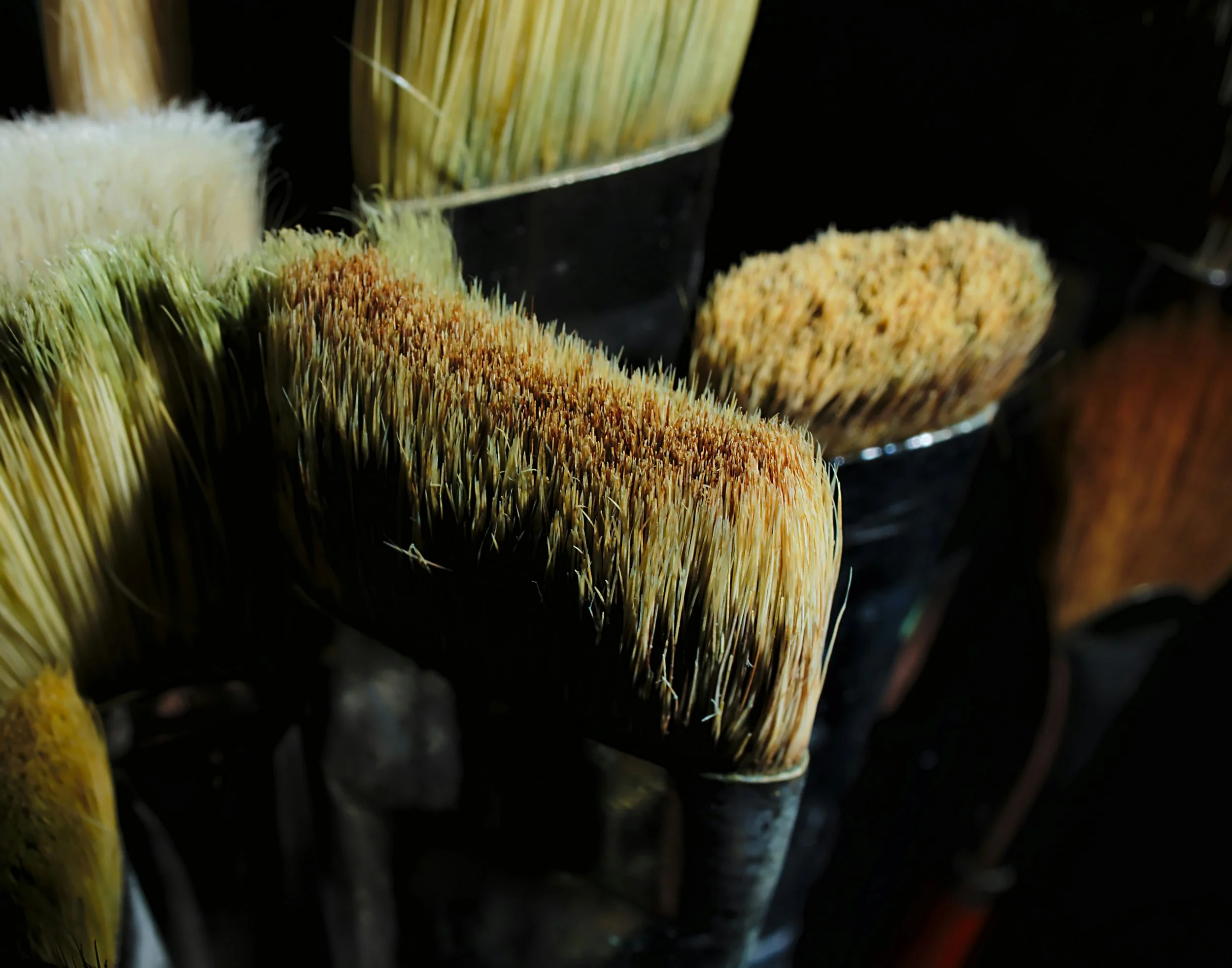 Close-up of various paintbrushes with different bristle types and colors, arranged in a container.