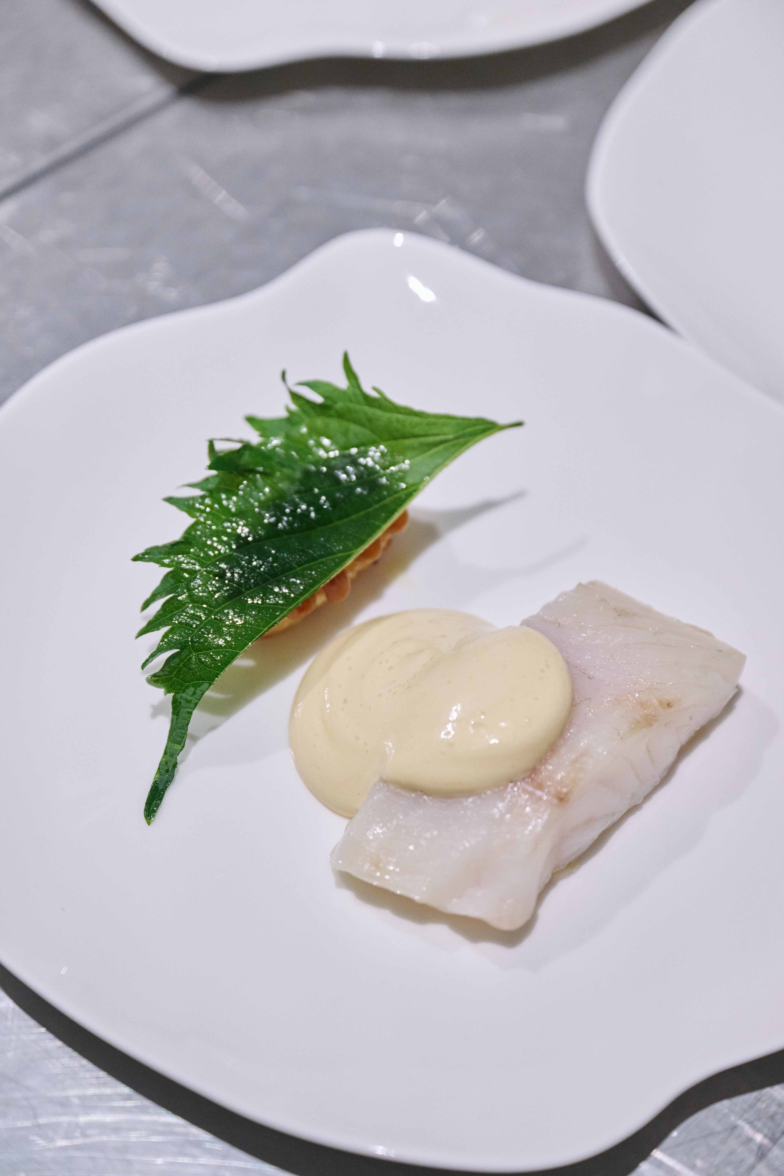A plated dish with a leaf, a piece of white fish, and a dollop of creamy sauce.
