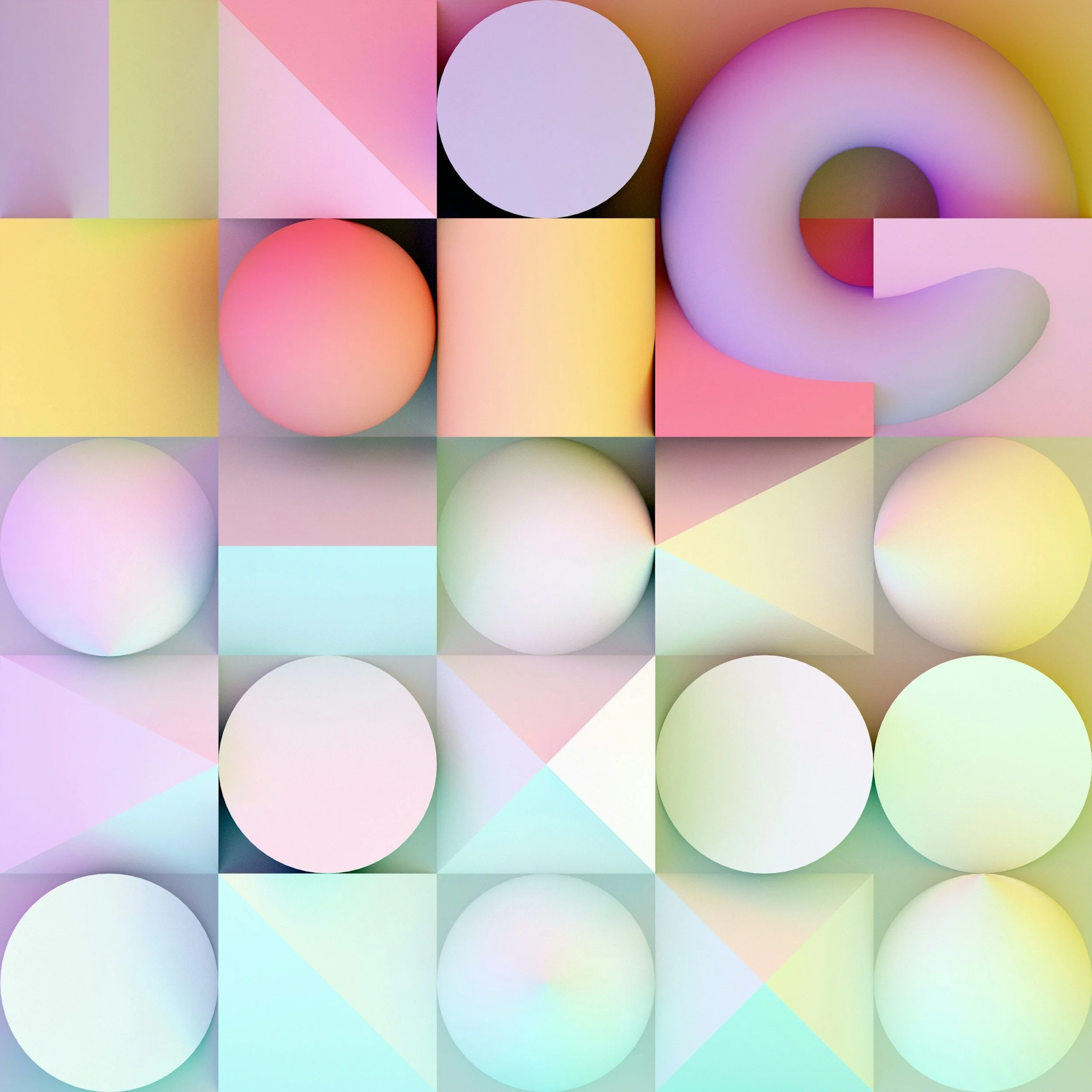 Abstract geometric artwork composed of pastel-colored shapes including circles, squares, rectangles, and triangles arranged in a grid pattern.