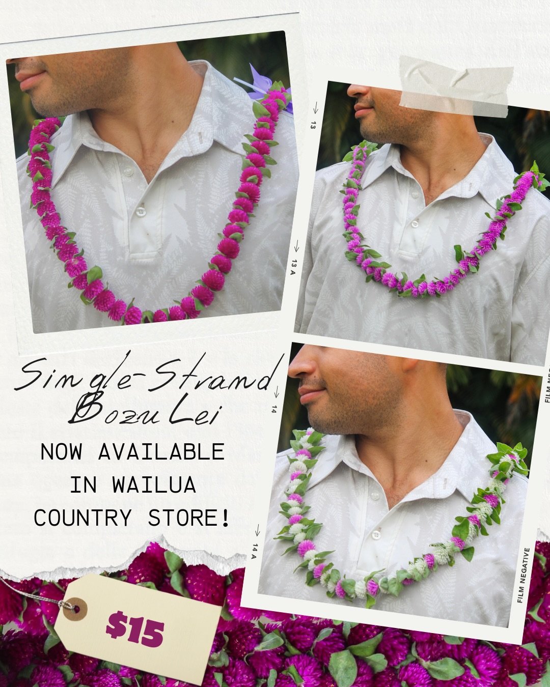 Single-strand bozu lei are now available for purchase at @wailuacountrystorekauai . There are an assortment of colors to choose from. These are $15 each. 

If you&rsquo;re looking to purchase a triple-strand lei or for any other inquiries, please fee
