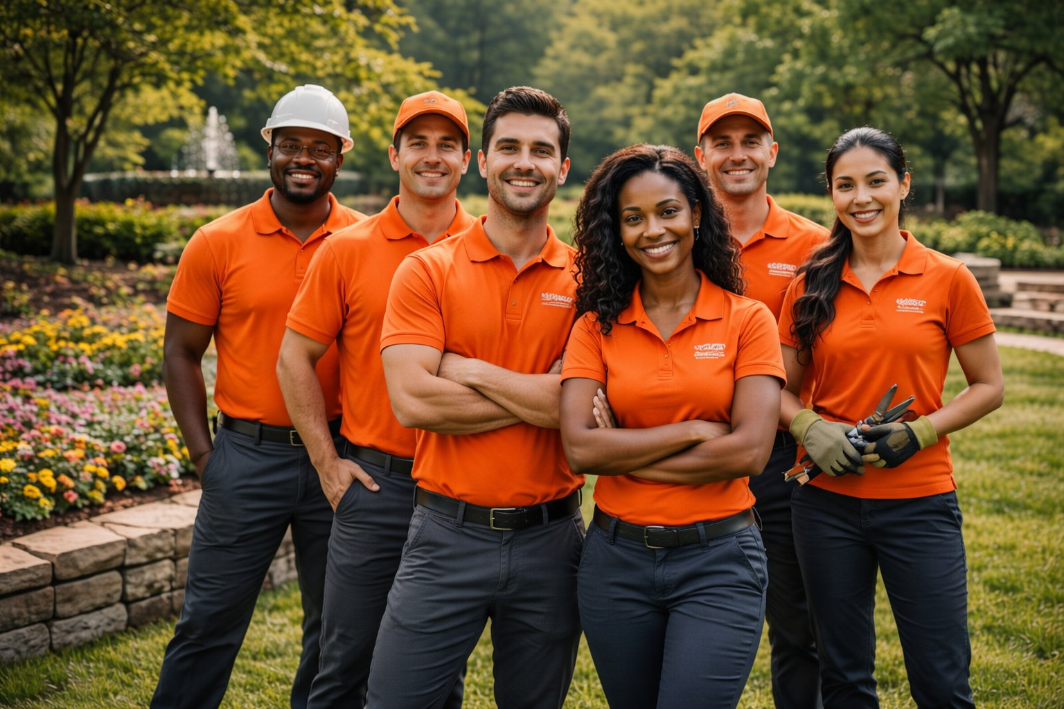 Group of six people in orange uniforms posing outdoors in a park with trees and flowers, some holding gardening tools.