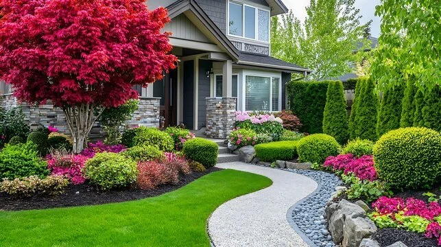 Home front yard with a curved concrete pathway, lush green lawn, colorful flower beds, red maple tree, and neatly trimmed bushes.