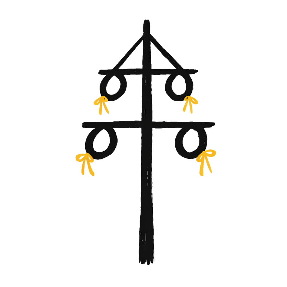Simple black line illustration of a maypole with two tiers of arms, four rings and yellow bows, on a black background.
