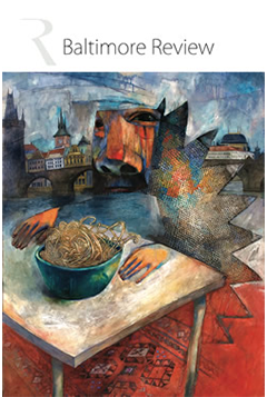 Cover of Baltimore Review magazine featuring an abstract artwork of a person with a cityscape, a boat, and a bowl of noodles on a table, with a red patterned rug underneath.