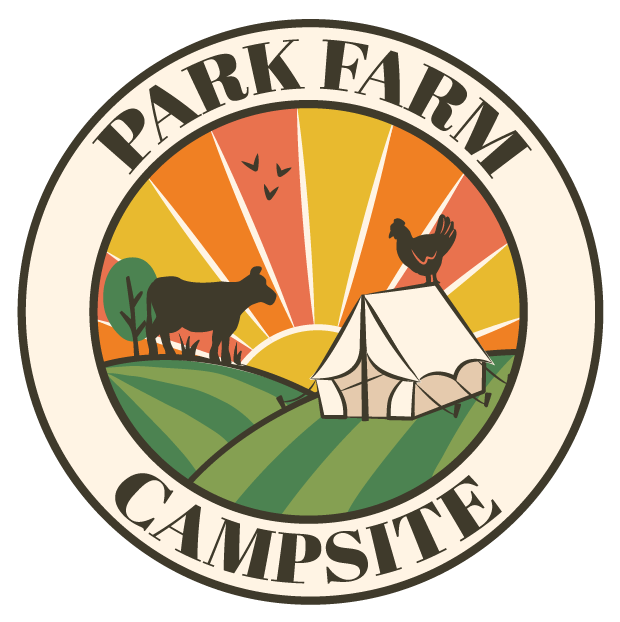 Logo for Park Farm Campsite featuring a sunset, a cow, a chicken on a tent, a tree, and fields with the text 'Park Farm Campsite'.