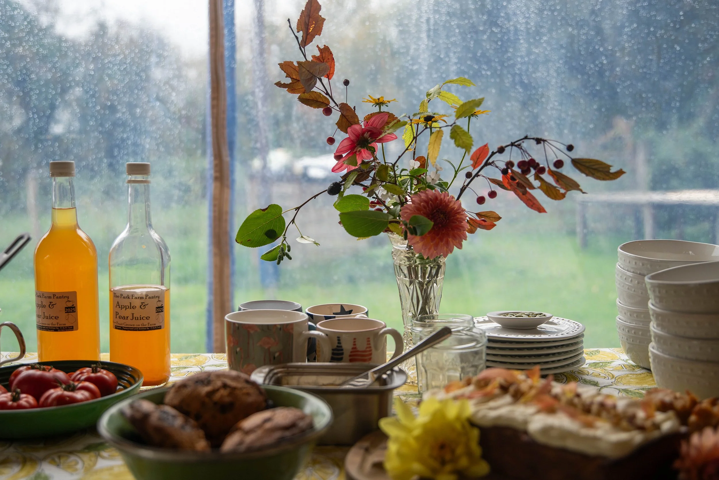A table set with a vase of colorful fall flowers, plates, mugs, bowls, bottles of apple and pear juice, and baked goods, with a rain-streaked window and a green outdoor landscape in the background.