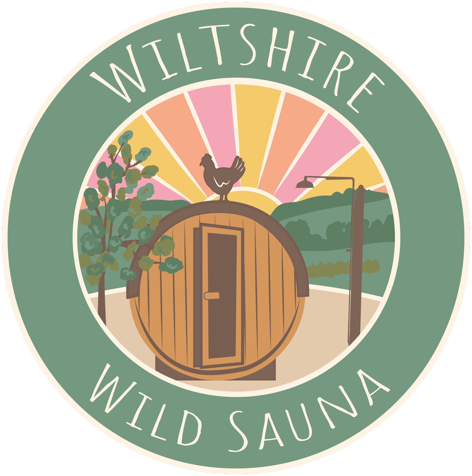 Circular logo with a green border reading 'Willshire Wild Sauna'. Inside, a wooden sauna with a rooster on top, trees on the side, and hills in the background. Sunrise or sunset with colorful rays behind the hills.