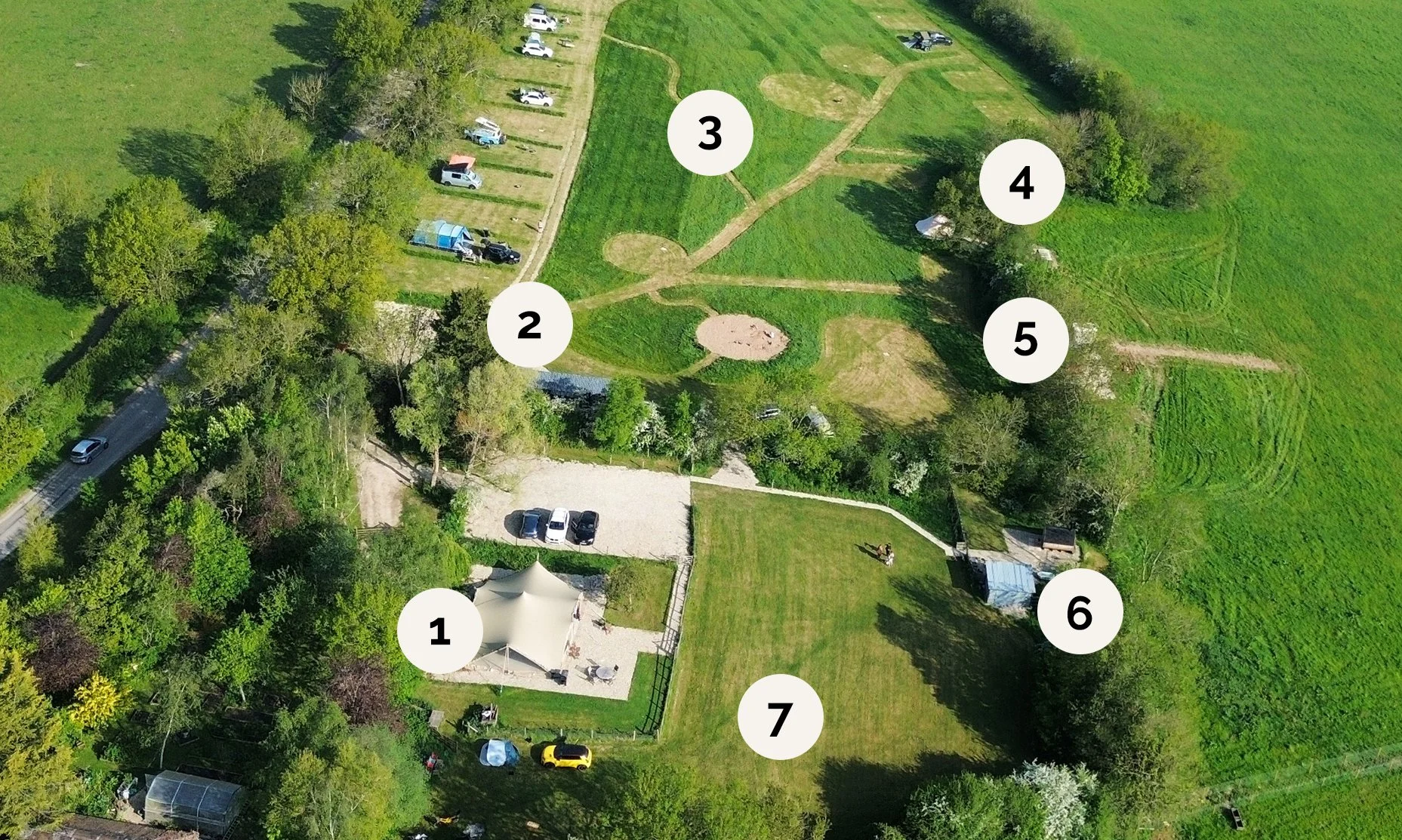 Aerial view of a large green backyard with various outdoor spaces, gardens, and multiple parked cars. There are trees, pathways, structures, and labeled sections numbered 1 through 7.
