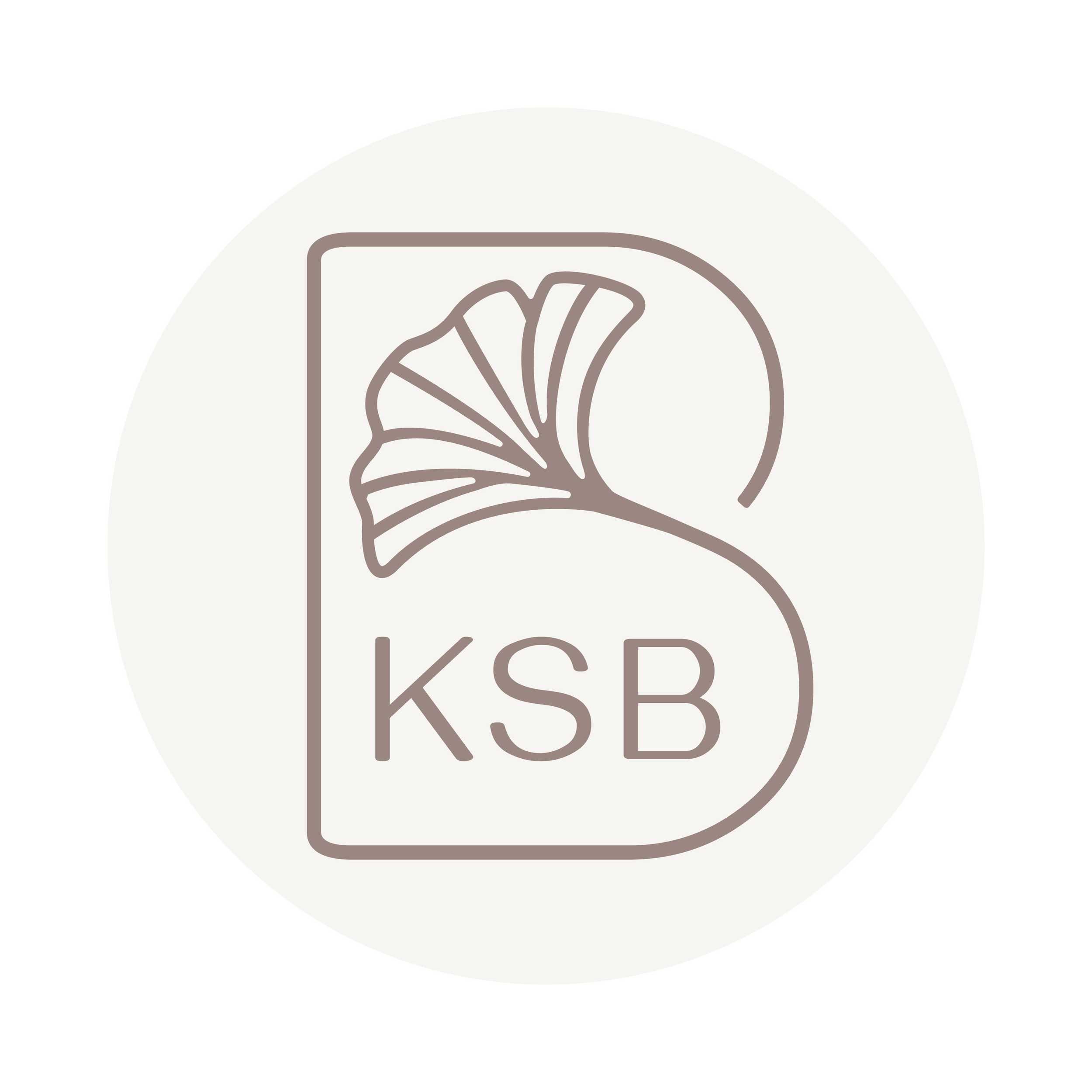 Stylized logo with a circular cream background, featuring a minimalist line drawing of a letter B with a ginko leaf inside, and the monogram 'KSB' below.
