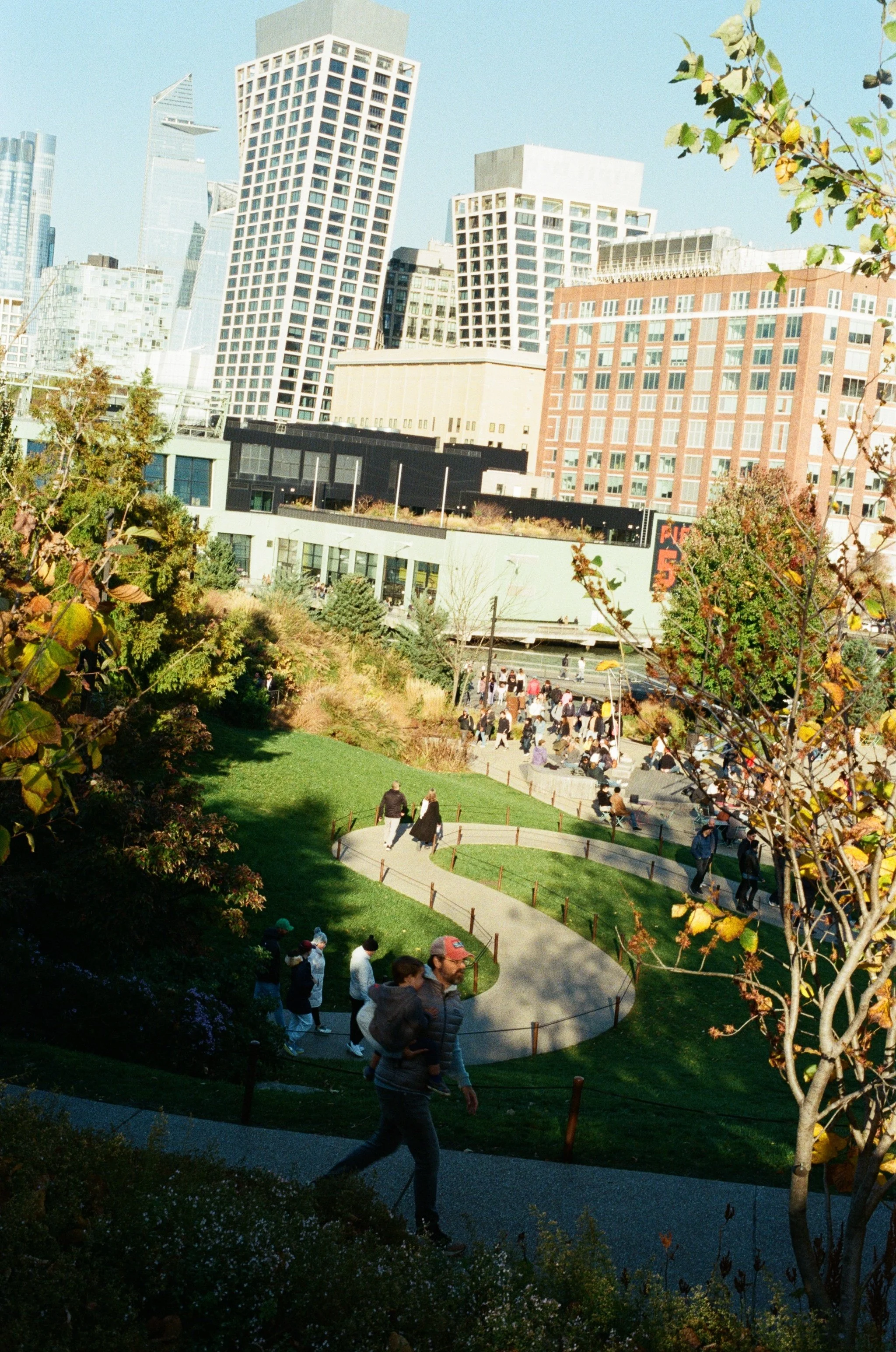 Urban park with a winding pathway, people walking and sitting on benches, surrounded by green grass and trees, with tall modern city buildings in the background.