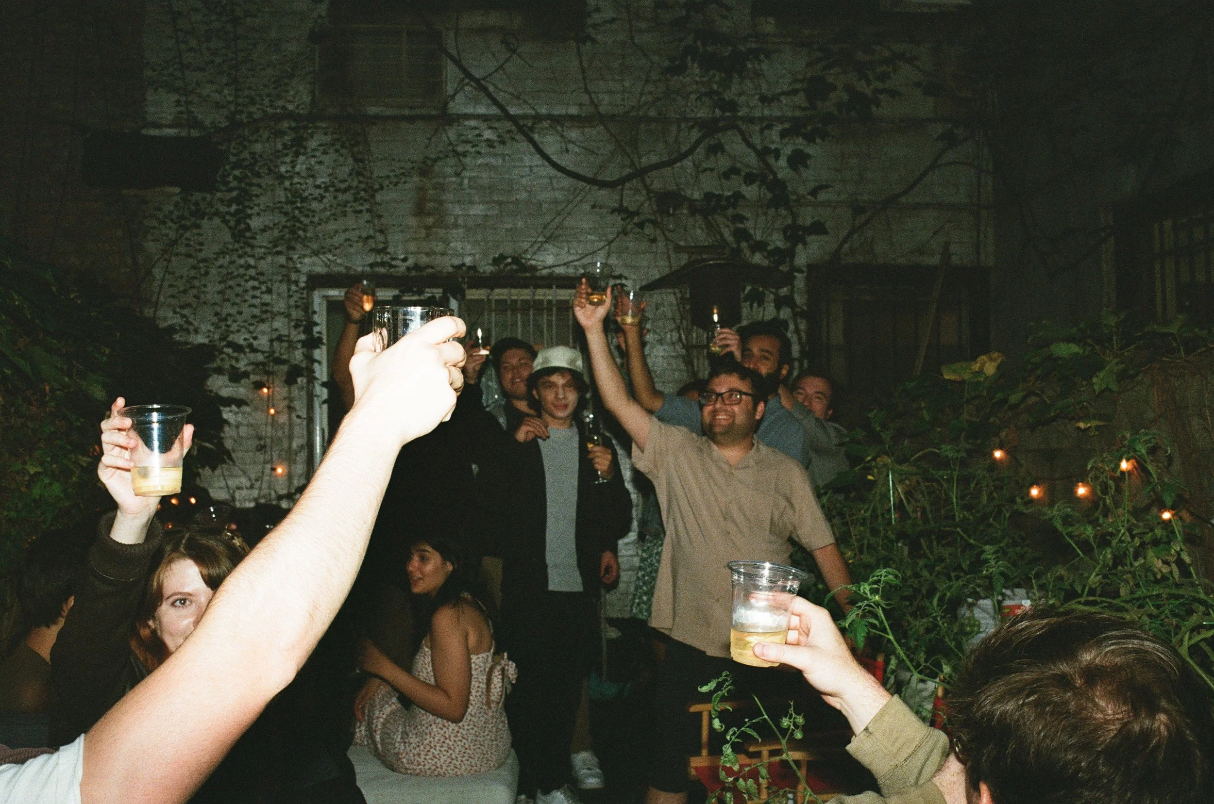 People celebrating at a party, raising glasses in a toast, gathered in a garden or backyard with dim lighting and string lights, some sitting and some standing.