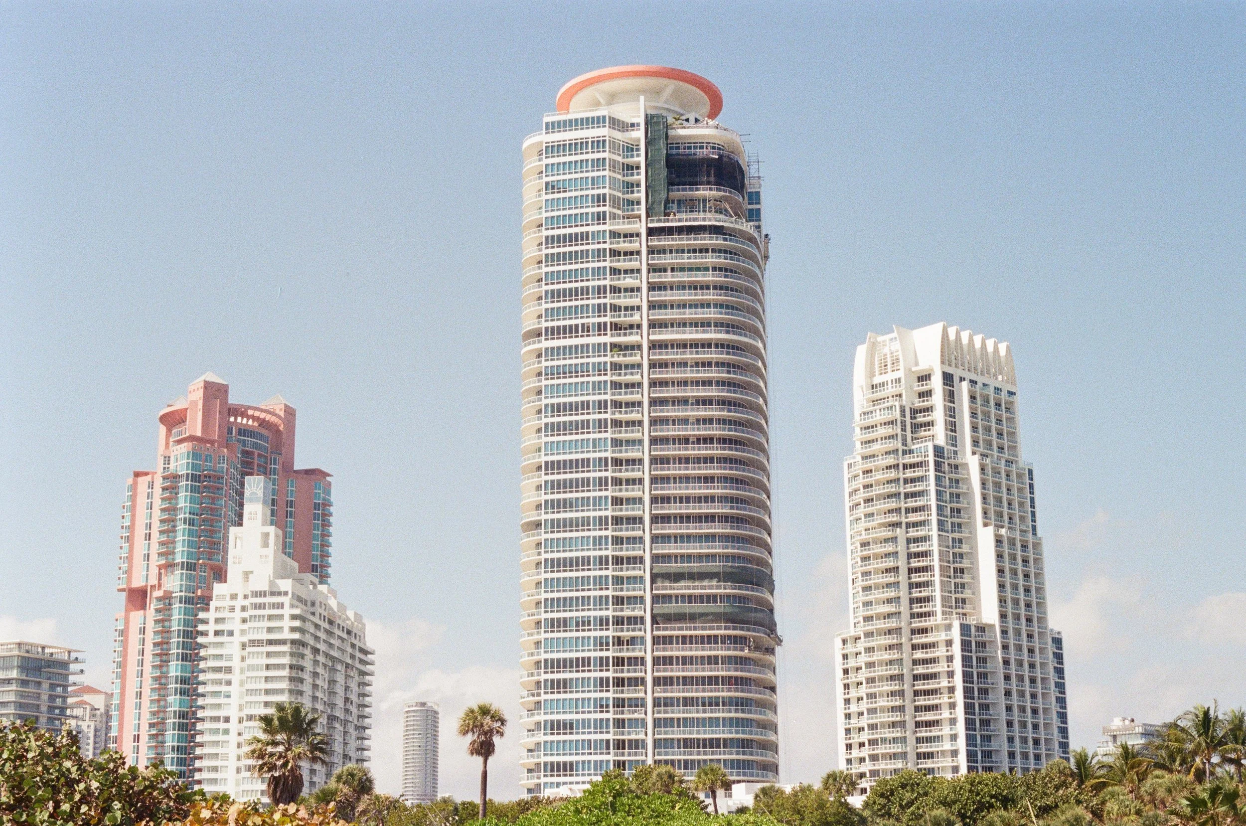 City skyline with tall modern skyscrapers and palm trees in the foreground, under a clear blue sky.