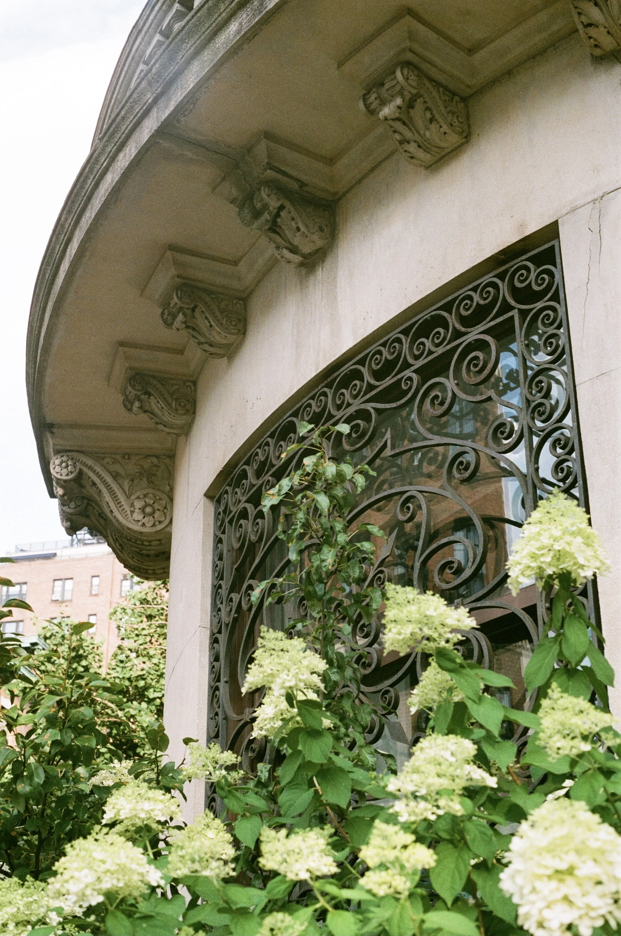 Close-up of an ornate building corner with decorative brackets and a wrought iron window grille, surrounded by green foliage and white flowers.