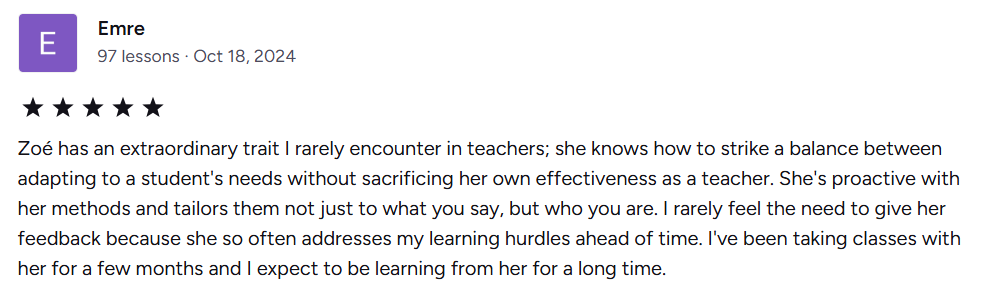 Screenshot of a positive review for Zoé, a teacher, with five-star ratings and detailed praise for her teaching qualities.