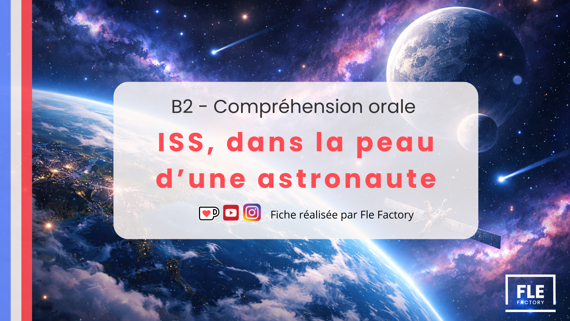 Space view showing Earth, moon, and stars with text overlay about the topic of space and astronauts, including logos of social media platforms and a label indicating it was created by Fle Factory.