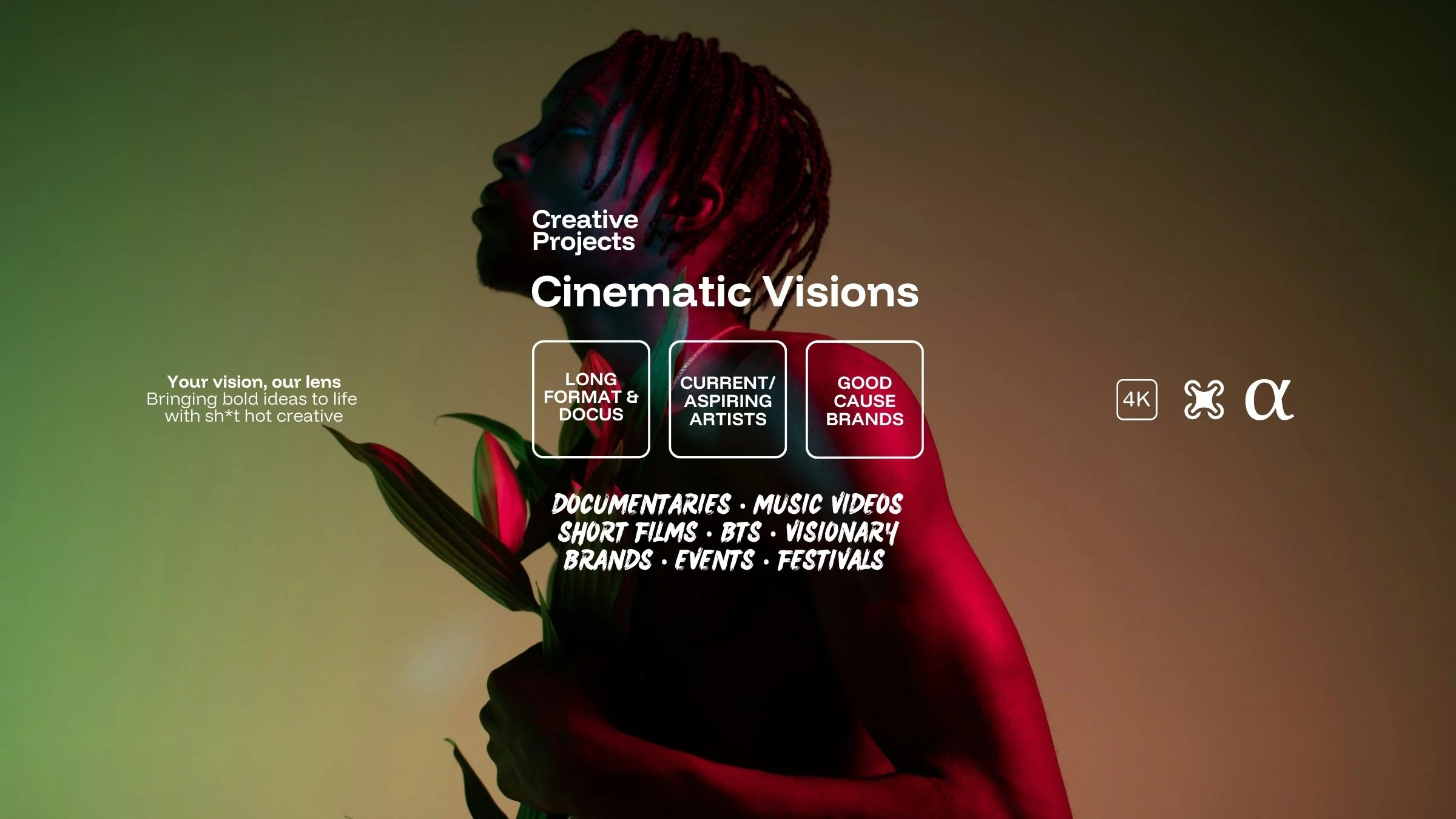 A person with braided hair holding a plant against a colorful gradient background, with overlay text promoting creative projects and video services