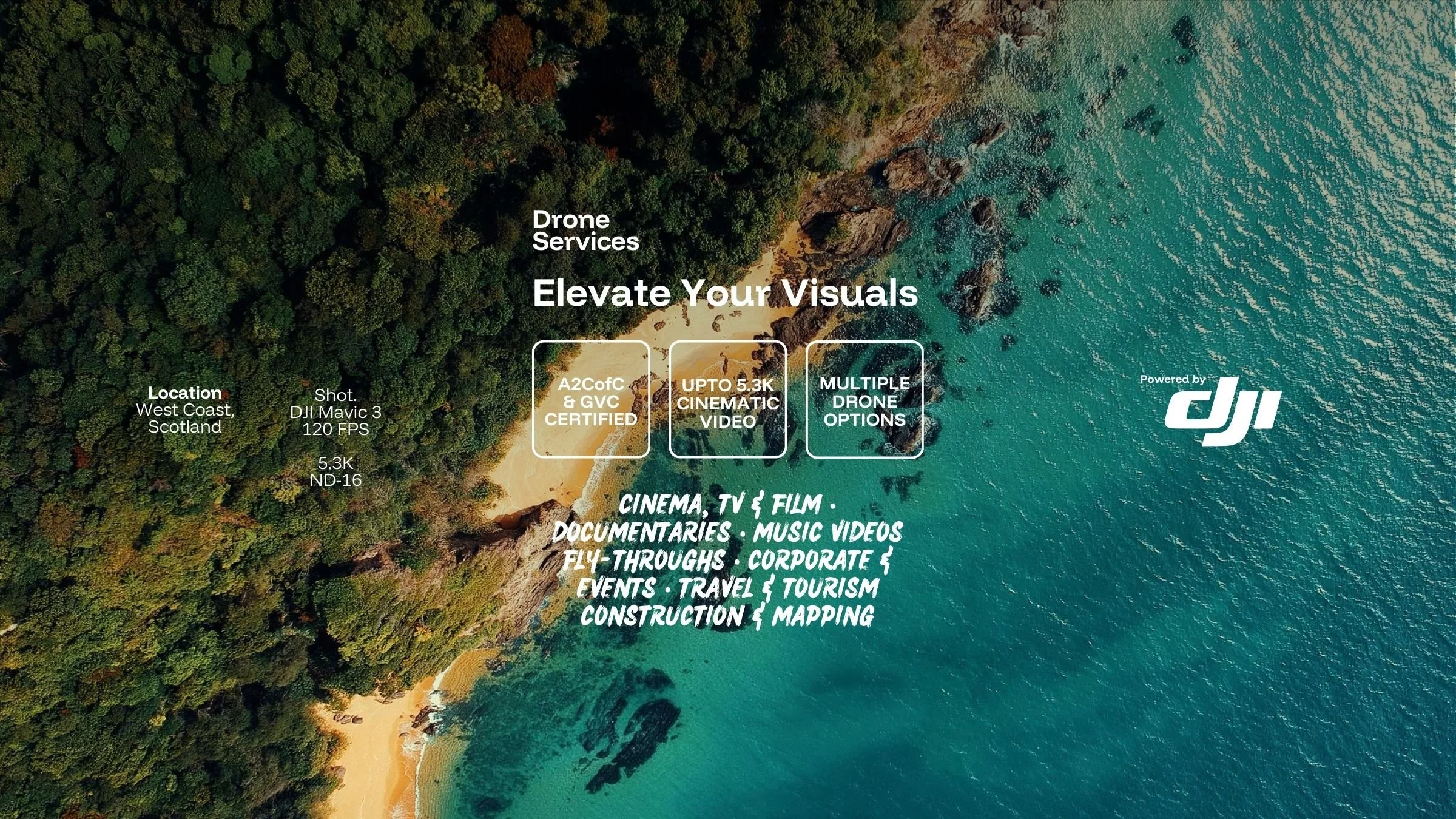 Drone shot of a coastal landscape with dense green forest, sandy beach, and turquoise ocean - with text overlay about drone services for documentaries, brand campaigns and social content