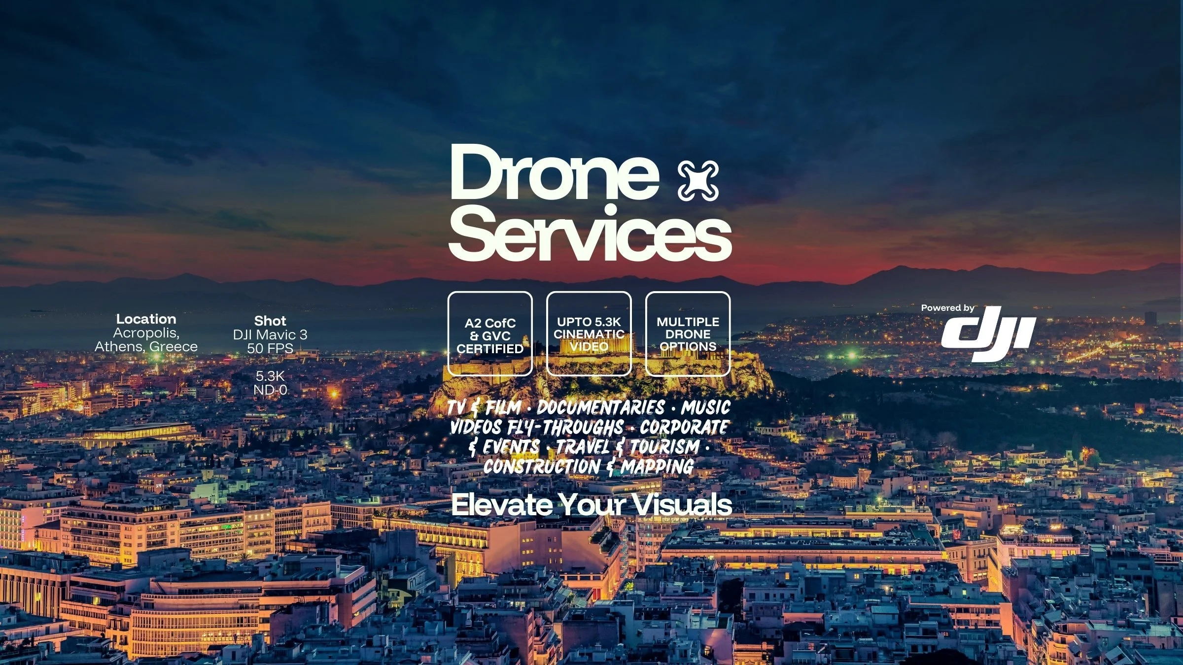Professional drone shot over the Acropolis in Athens - with text overlayed promoting drone videography services for Made by UNO, a video agency operating in Doncaster, Sheffield, Manchester, Leeds, London. Availability worldwide.