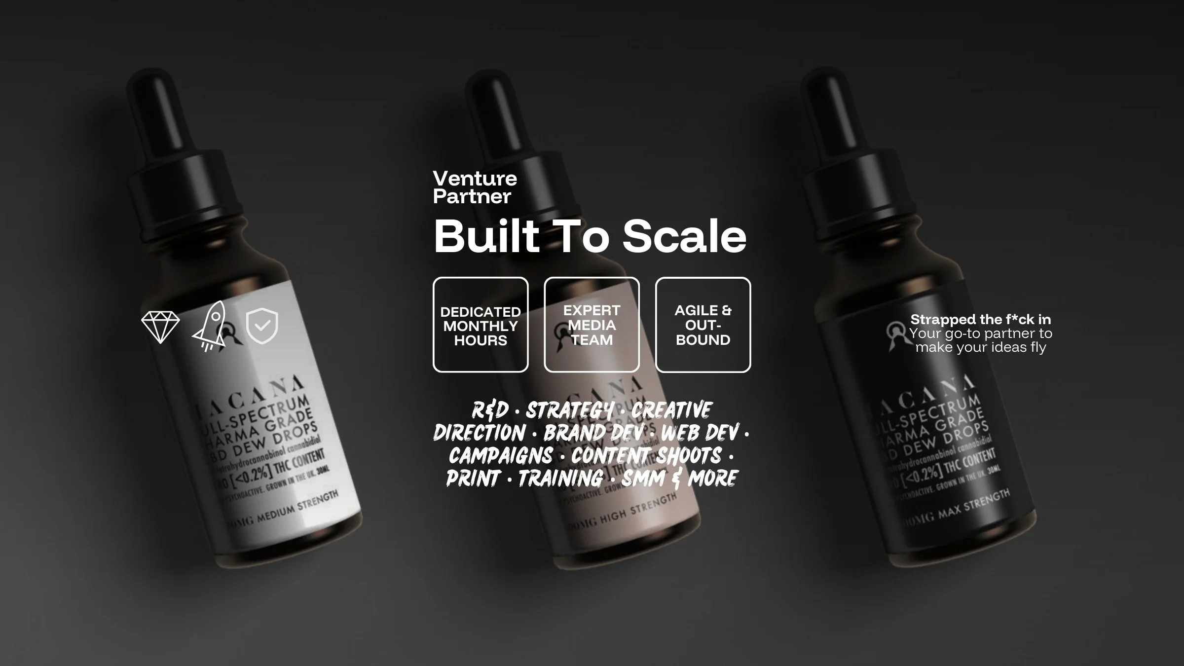 Professional product shot of 3 dark dropper bottles labeled "full spectrum pharma grada cbd" on a dark background, with overlaid text and icons promoting a venture partnership program, video services & brand services