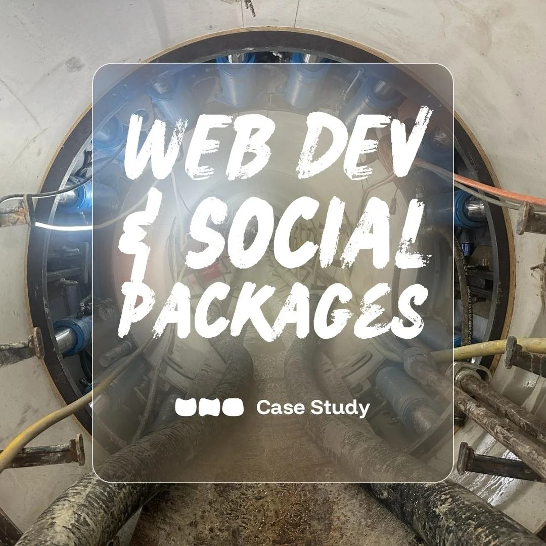 Industrial setting with pipes and machinery, overlaid with text 'web development and social content' and the logo of Made by UNO