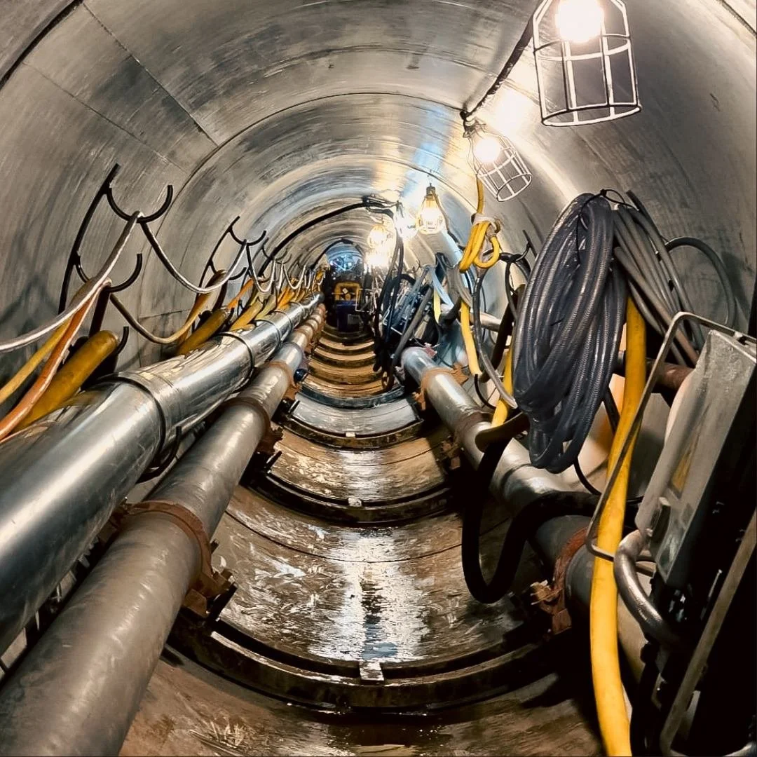 Underground tunnel with metal pipes, cables, and lighting fixtures - with a professional videographer partially visible in the reflection on the wall.