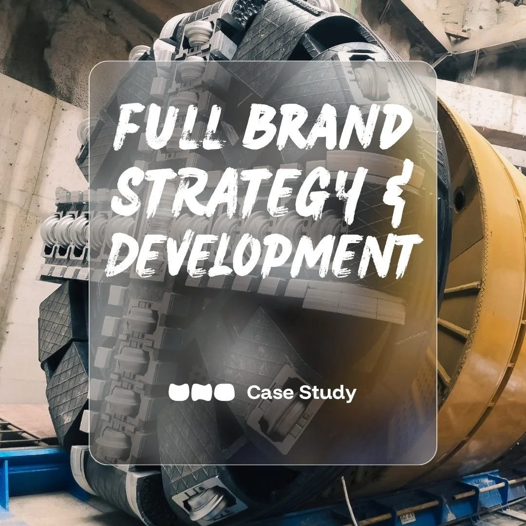 Industrial equipment, photo of a TBM machine from SLS Global Tunnelling Contractors, with overlay text 'Full Brand Strategy & Development in Doncaster'