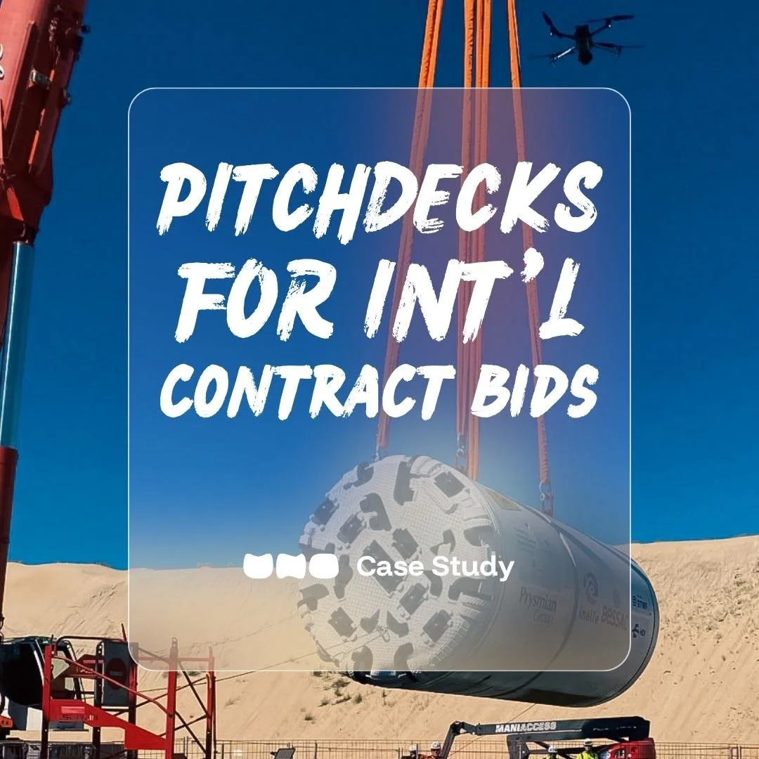 A large cylindrical object hanging from cranes in a desert setting, with construction equipment around, under a clear blue sky with text overlay about brand servcies & graphic design