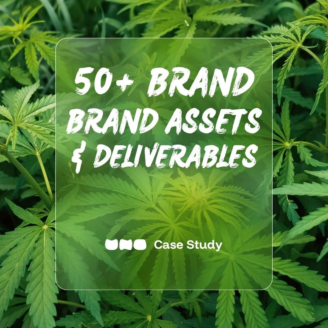 Green cannabis plants in a Medicann growing facility with a transparent overlay that reads 'Brand Brand Assets & Deliverables'