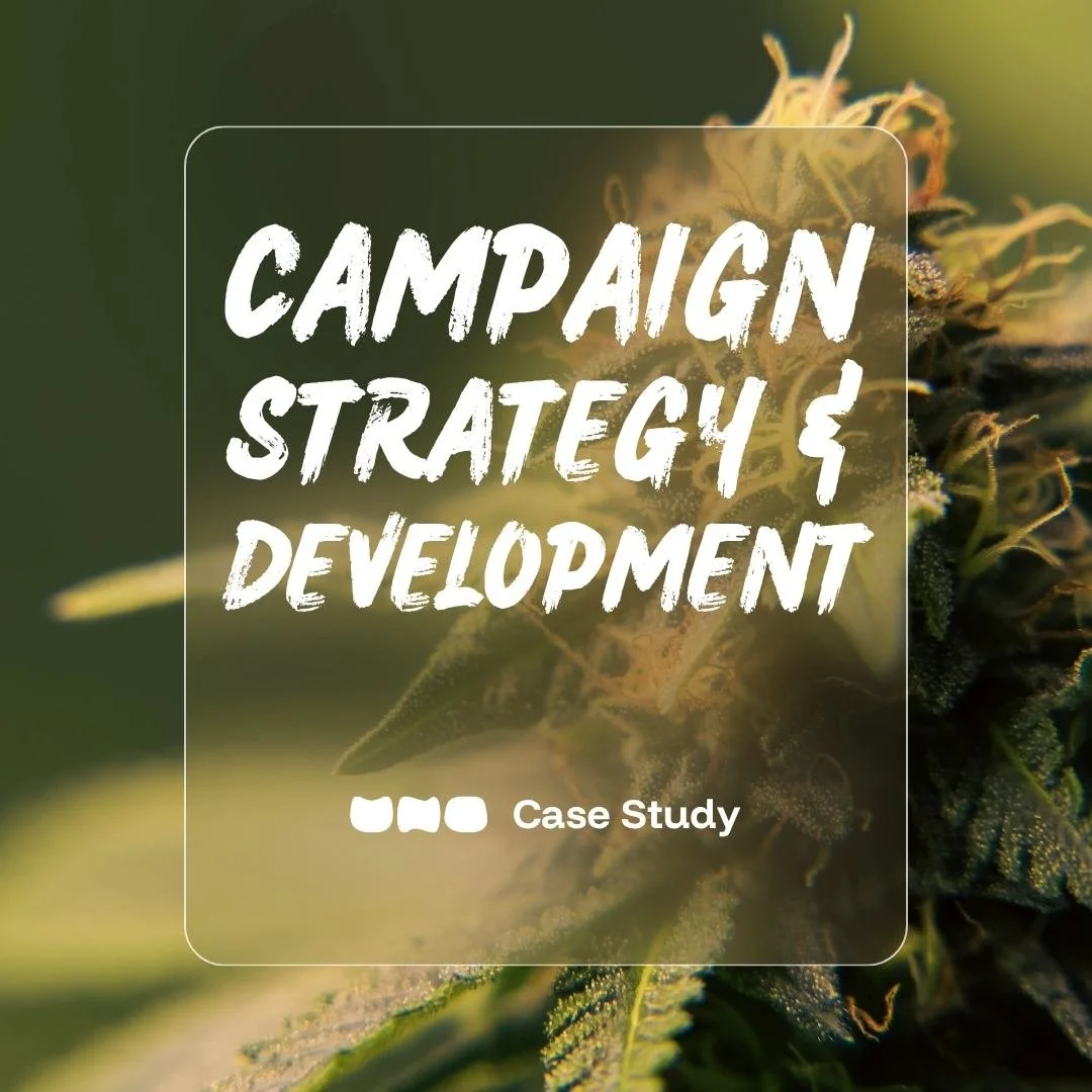 Close-up of a green  cannabis plant flower in a Medicann growing facility, with text overlaid stating "campaign, strategy & development" 