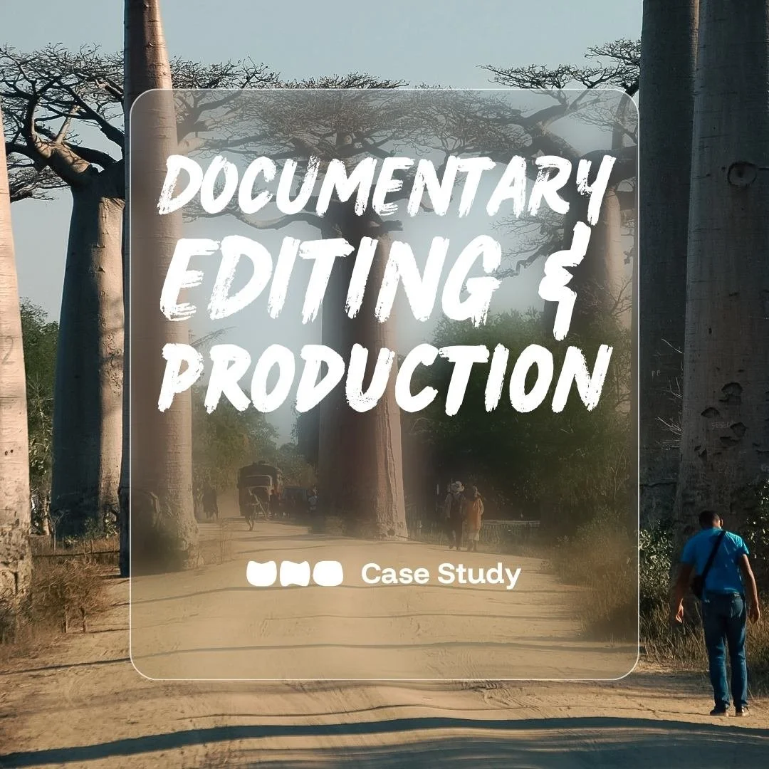 Drone shot of a dirt road in Madagascar lined with tall trees and a person walking away from the videographer; text overlays of "soul revolution festival" , "documentary editing and production" and "made by UNO"