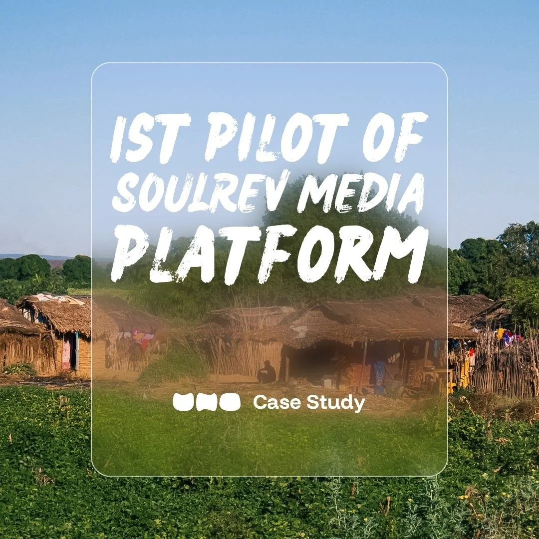 A background of a rural village scene featuring thatched huts and greenery.  text overlaid stating "soul revolution festival", "UNO case study" & "video production services"