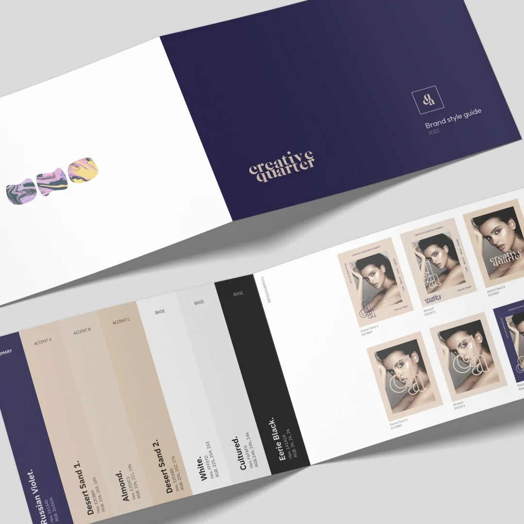 A brand style guide booklet for 'creative quarter' featuring color palettes, font choices, and sample images of a woman with dark hair and makeup - with the words "made by UNO" clearly visible on the back