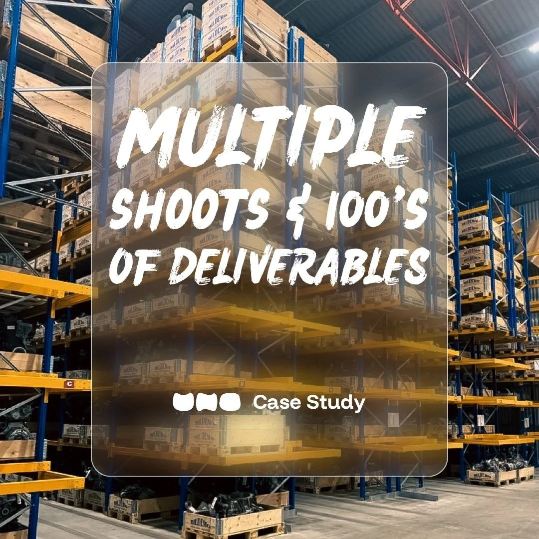 Warehouse with shelves filled with boxes of car parts at Synetiq Doncaster, overlaid with text about 'multiple video shoots by Made by UNO - best videographer in Doncaster'