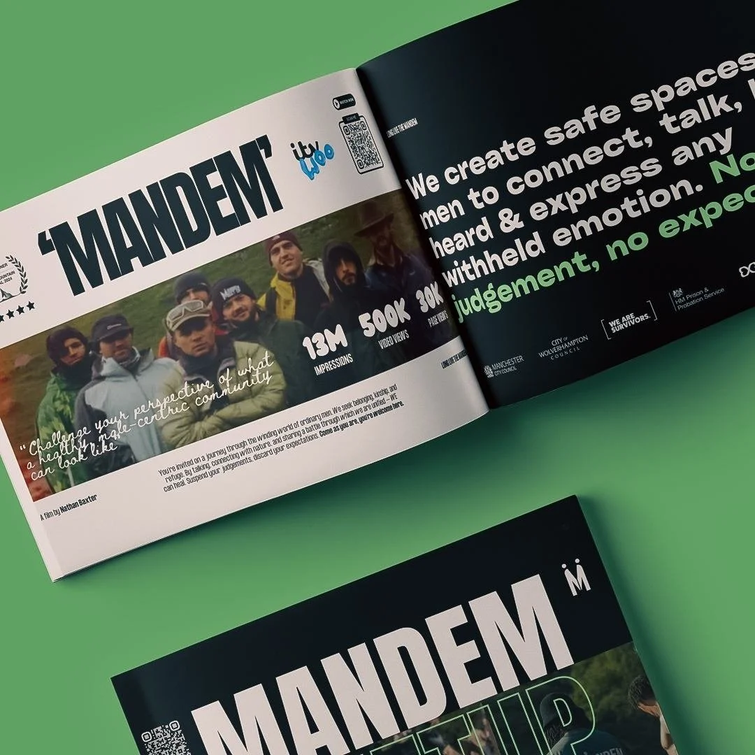 Open booklet about Mandem Meetup, showing a group photo of several people outdoors, with headings about creating safe spaces for connection and expression, statistics on impressions and views, and a quote about building a healthy, positive community.