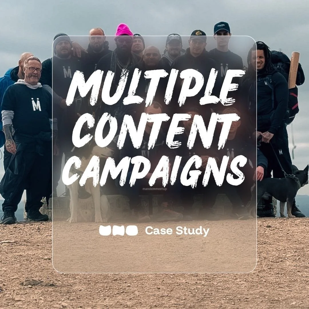 Drone shot of group of hikers on top of a mountain, with some wearing Mandem Meetup tshirts, standing on a dirt surface with a cloudy sky background, overlaid with text 'Multiple Content Campaigns by UNO' 