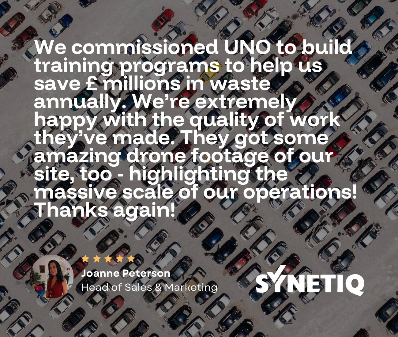 Aerial view of a Synetiq site in doncaster, taken with a professional drone. Overlaid text expresses gratitude for drone filming and campaign production in doncaster & sheffield