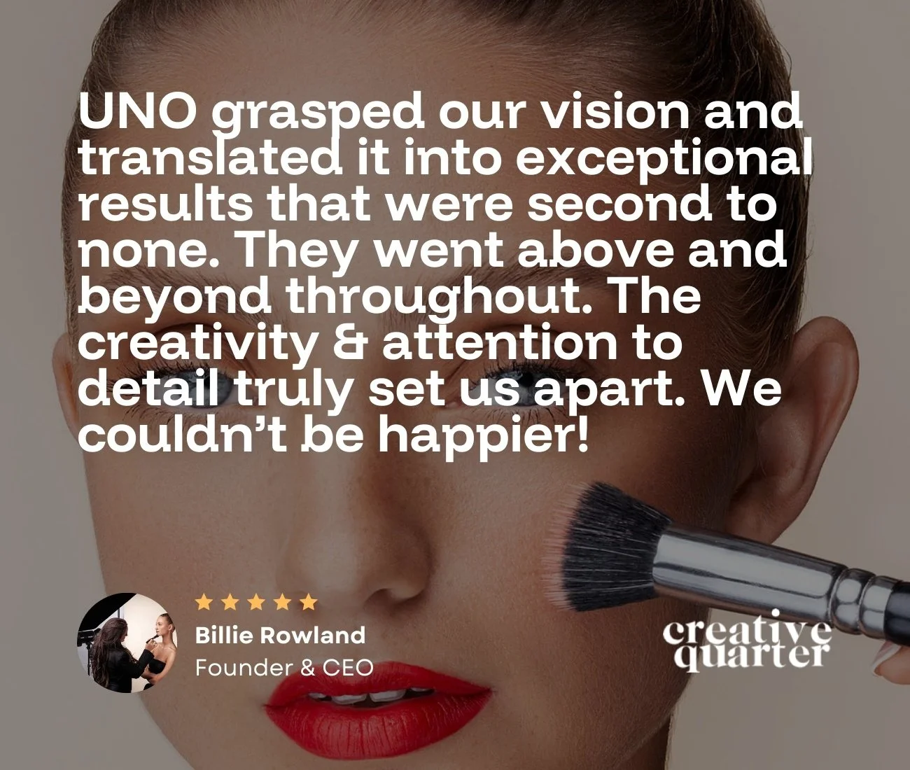 Close-up of a Model with red lipstick and makeup brush applying blush on her cheek, with overlaid quote from creative quarter in doncaster about professional brand & video services recieved