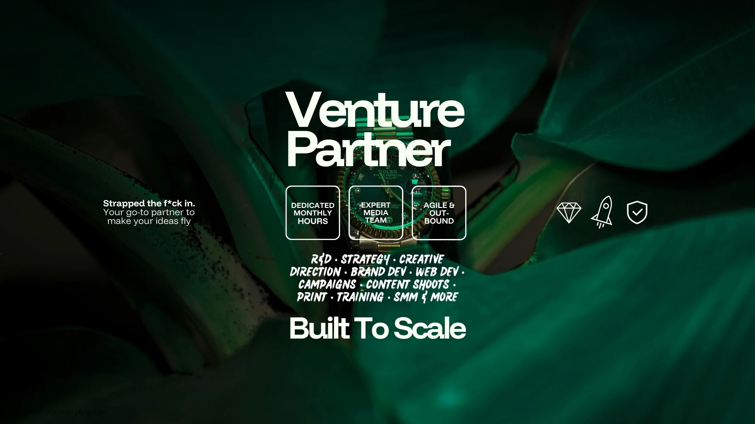 Ahigh fideltiy image of a watch in cinematic lgihting, amongst some green leaves, taken with a professional camera and lighting - - with text overlayed promoting venture partnership services from Made by UNO, a company based in Doncaster, who offer s