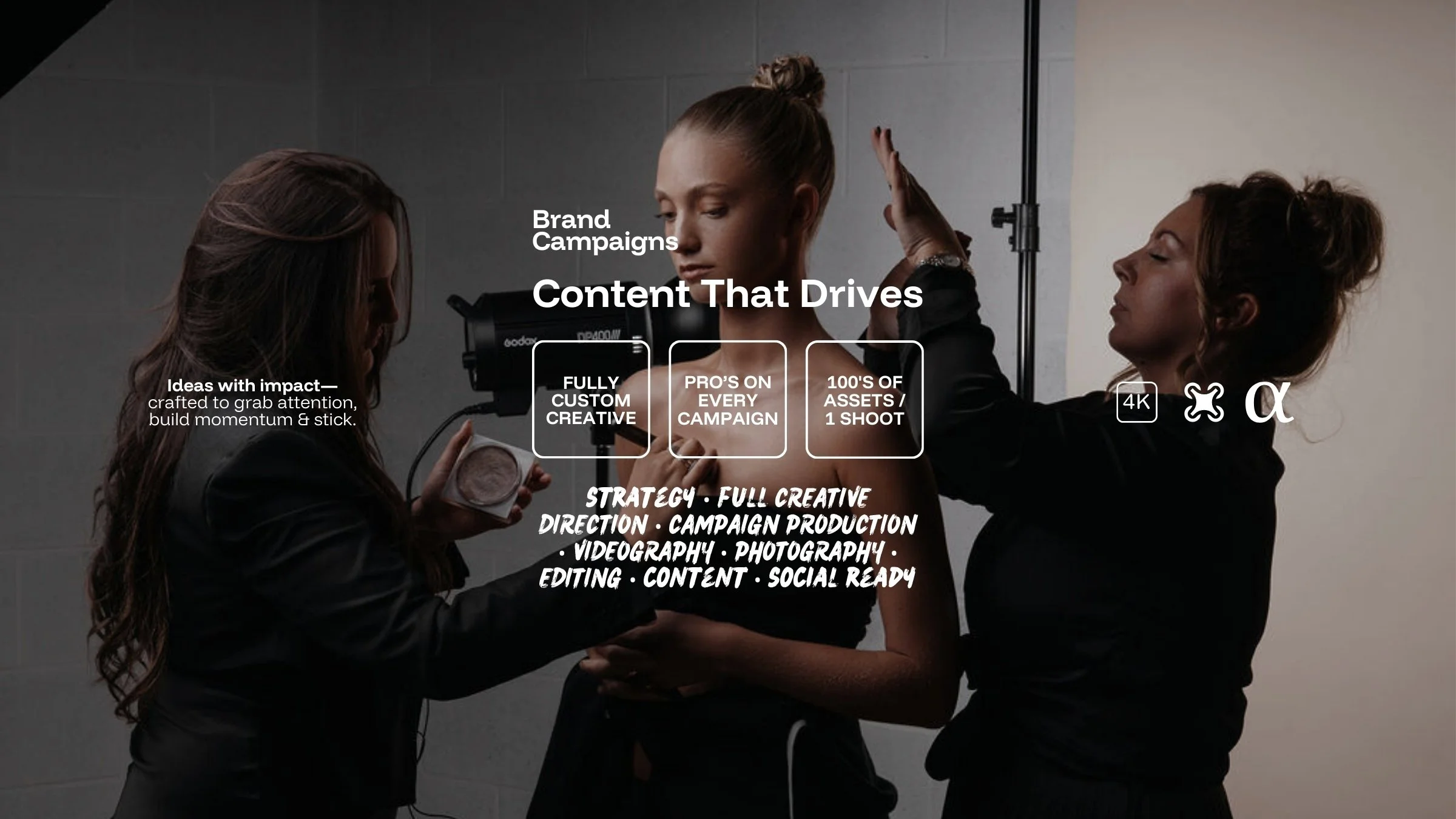 Model in a photo shoot, with woman applying makeup, another adjusting hair, in a professional film studio based in Doncaster - with text overlaid about content campaigns and video services.