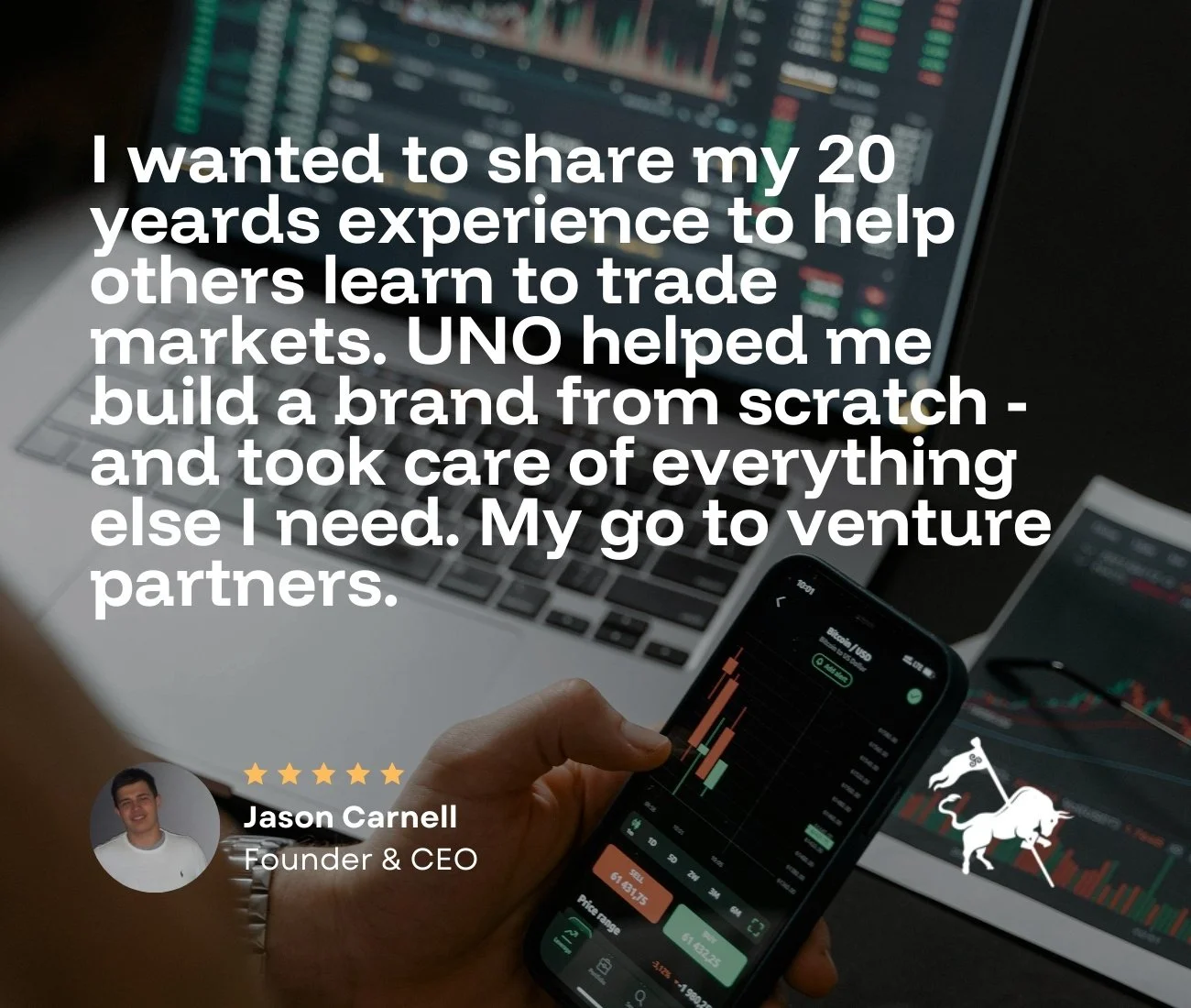 A person holding a smartphone displaying a stock trading app with candlestick charts. Text overlaid expressing gratitude for excellent brand creation for their new venture, from XAU industries