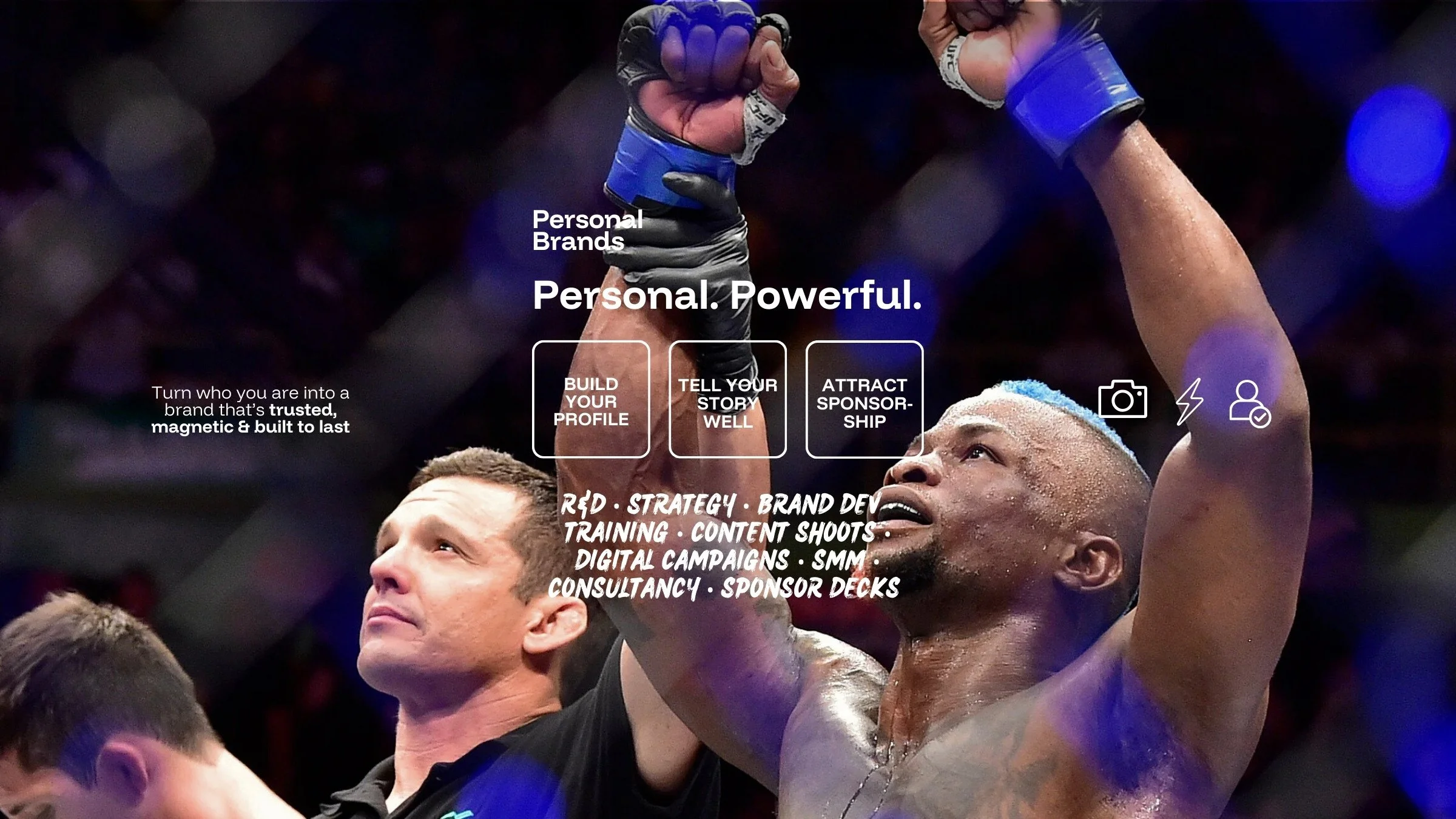 Marc Diakiese PFL fighter celebrating with raised arms in the octagon by the referee. The image has overlaid text about building personal brand and relate services, such as video campaigns