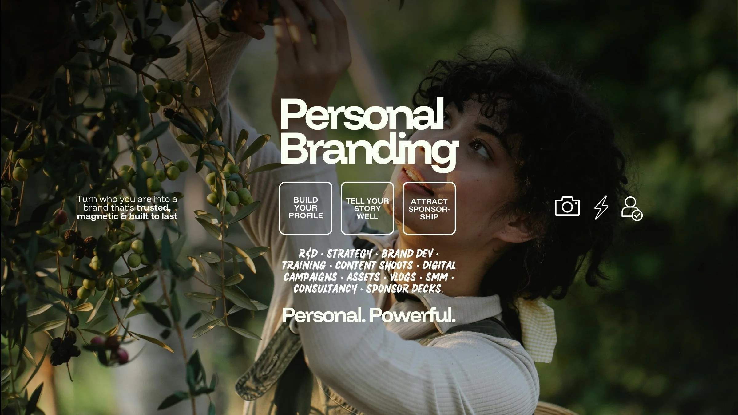A professional photo of a woman in an olive grove - with text overlayed promoting personal branding services in doncaster & manchester
