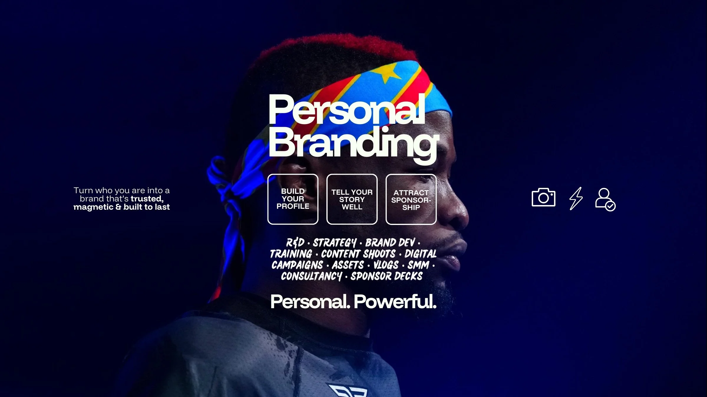 A professional photo of professional fighter marc diakiese - with text overlayed promoting personal branding services in doncaster, sheffield, manchester, leeds & london